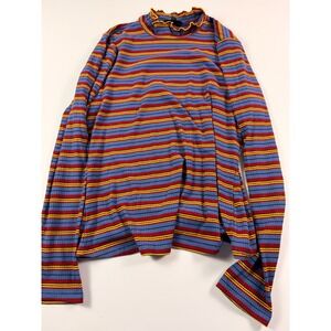 ModCloth Womens Striped Mock Neck Y2K 90s Ribbed Long Sleeve Top Blue Red L